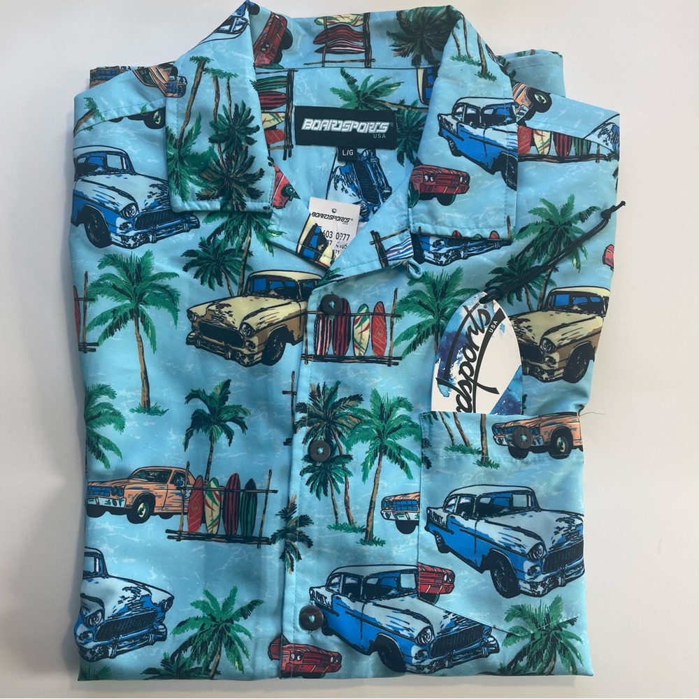 Boardsports button up shirt men’s large blue mustang palm trees classic summer